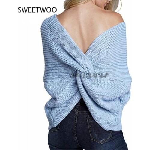2021 Autumn and Winter New Solid Color Pullover Womens Knit Sweater Round Neck Double-Sided Open Back Cross Sweater Women
