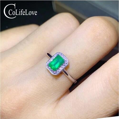 CoLife Jewelry 925 Silver Emerald Engagement Ring 4mm*6mm Natural Emerald Ring for Daily Wear Silver Gemstone Ring