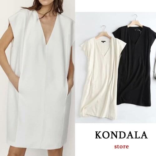 Za 2021 Simplicity Solid Mini Dress Women V Neck Sleeveless Office Wear Dress Summer Pockets Chic White Elegant Vestidos