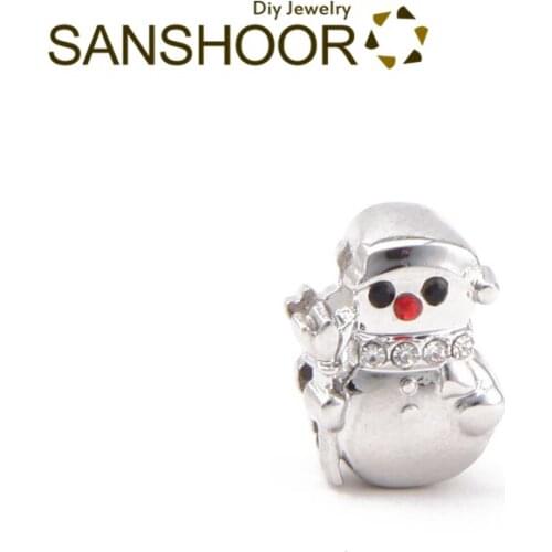 SANSHOOR Snowman 10mm Slide Charms With Red Rhinestone Fit Mesh Stainlesss Steel Keeper Bracelets For Women Christmas Gifts 6Pcs