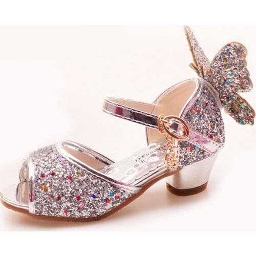 Girls Sandals Rhinestone Butterfly Latin Dance Kids Shoes Children High Heel Princess Shoes Glitter Leather Party Dress Wedding