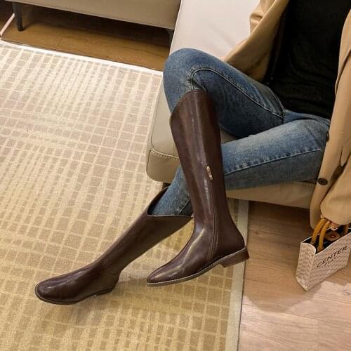2021 Winter Genuine Leather Knee-High Boots Womens Boots Square Toe Thick Heel Western Boots ZIP Womens Shoes LONG BOOTS