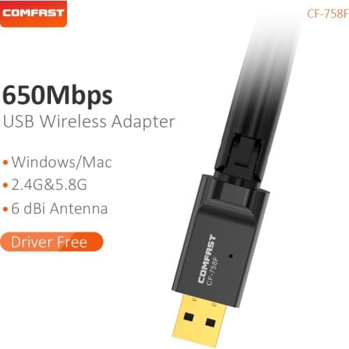 Comfast Though Wall Network Card 650Mbps Free Drive Dual Band 2.4G&5.8G Wifi USB Adapter 2*6dBi Antennas Wifi Extender CF-758F
