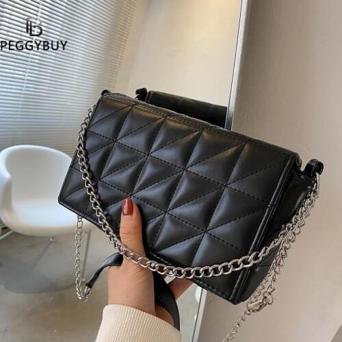 Vintage Chain Handbag Pure Color Women PU Lattice Pattern Shoulder Messenger Bag Luxurious Chains Crossbody Bag for Female