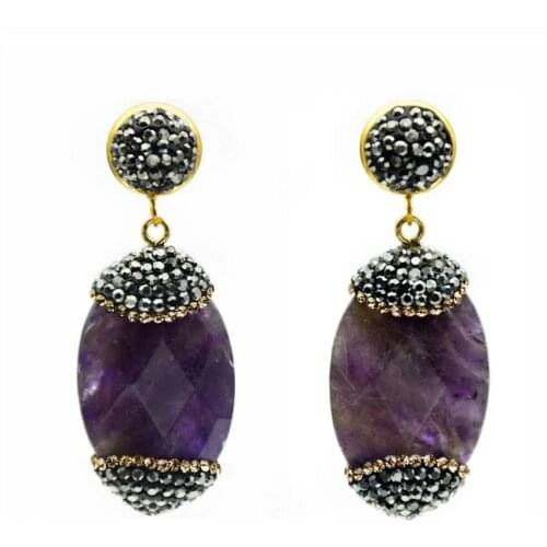 Trendy Light Yellow Gold Color Oval Shape Section Natural Purple Amethysts Crystal Stud Earrings for Women Jewelry