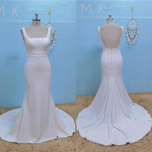UMK Simple Plain Mermaid Wedding Dress Sexy Square Collar Backless Chic Boho Bridal Gowns