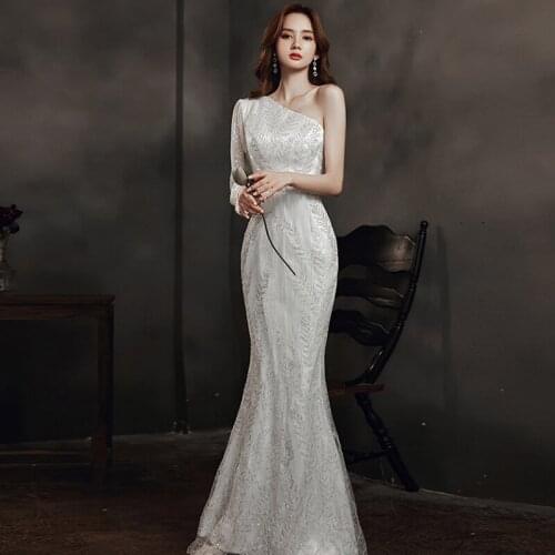 Evening Dress One-Shoulder Full Sleeves Elegant Sequins Zipper Back Floor-length Mermaid Plus size Women Formal Party Gown C795