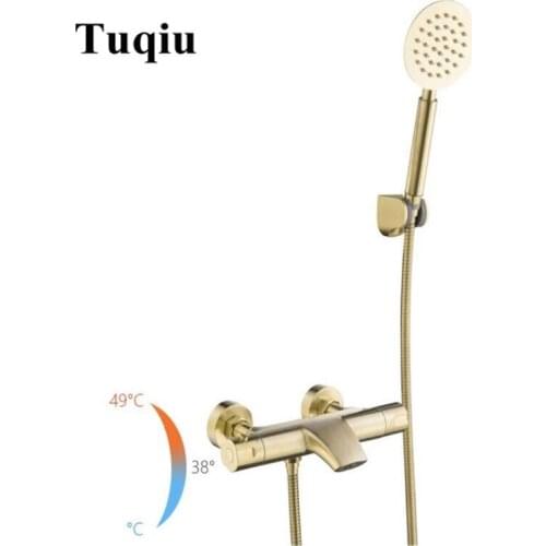 Vidric Wall Mounted Bathroom Brushed Gold thermostatic Bath & Shower Faucet hand held Shower Faucet Sets Bathtub Faucet Set