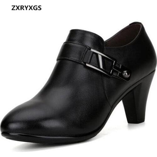 2021 New Spring Metal Decoration Deep Mouth Genuine Leather Shoes Woman High Heel Shoes Black Brown Side Zipper Trendy Shoes