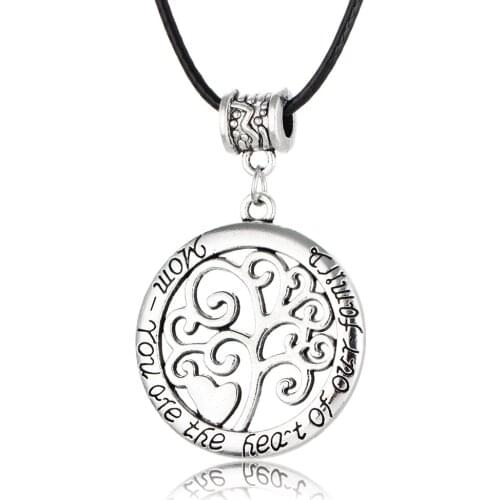 Hollow Tree Heart Vintage Silver Plated Pendant Necklace Love Mom Mother Mommy Family Women Femme Rope Leather Chain Jewelry NEW