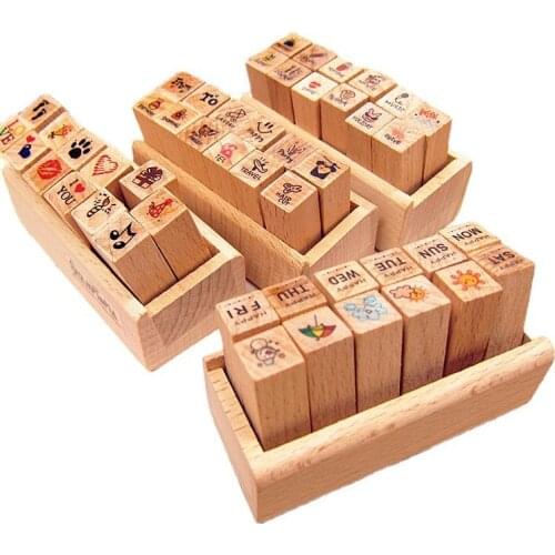 12 Pcs Mini Cute Diy Diary Wooden Rubber Stamp Set Heart Love Travel Week Number Pattern For Scrapbook Card Making Crafts