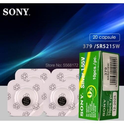 20Pcs SONY Button Batteries 16mAh AG0 LR521 Silver oxide 379A SR521 379 618 SR63 521 SR521SW For Watch Battery
