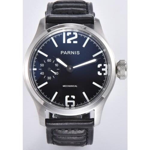 Parnis 46mm Mechanical Hand Wind Watch Men Luminous Waterproof Leather Strap Black Dial Wristwatch Men