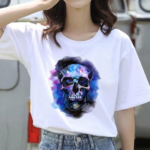 Women Soft Casual White T shirts Tops funny printed streetwear T-shirt Creative skeleton summer Regular T-shirt