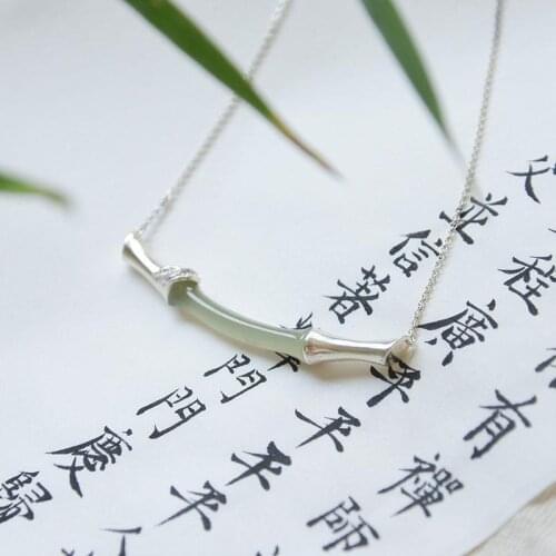 Natural Hetian Jade Bamboo S925 Sterling Silver Pendant Jade Simple Elegance Retro Gilding Craft Silver Necklace
