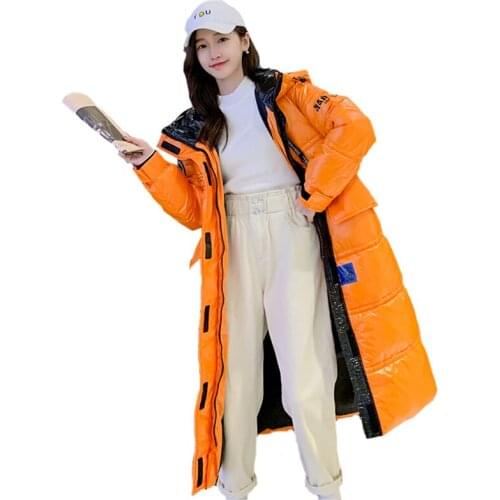 Glossy Down Cotton Woman 2020 Winter Jacket Female New Loose Thick Overcome Knee Medium Long Hooded Overcoat Womens Clothing