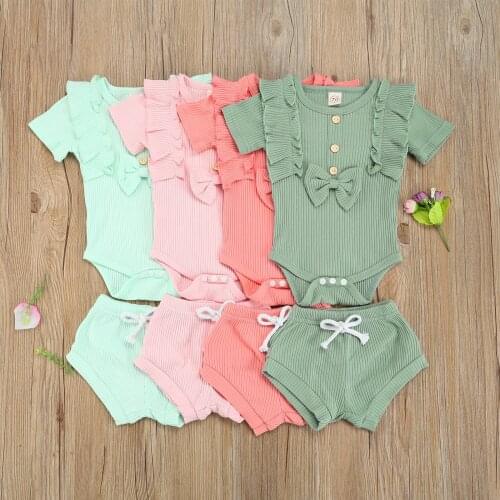Summer Toddler Clothing Newborn Baby Girl Solid Color Short Sleeve Ruffle Romper Drawstring Shorts 2pcs Outfit Sets for 0-24M