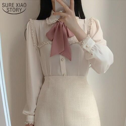 Sweet Tassel Lace Splice Bow Tie Blouse Women Solid Color Long Puff Sleeve Tops Women Pearl Button Cardigan Shirts Blusas 11608