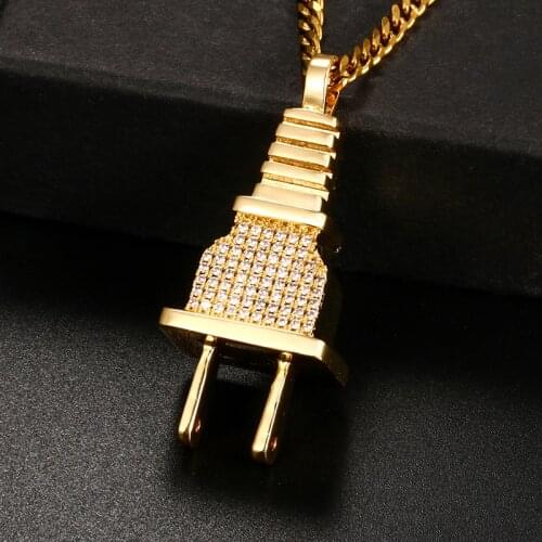 Mens Iced Out Bling Bling Plug Pendant Necklace Charm Micro Pave Full Zircon Men Hip Hop Jewelry Gift