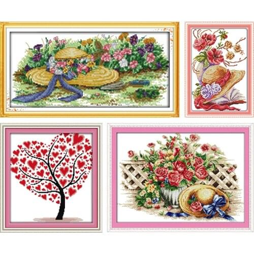 Flowers and Straw Hats Cross Stitch Kit Stamped 11CT 14CT Printed Counted Patterns Crafts Decor Thread Embroidery Needlework Set