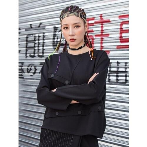 Large Size euro-american Spring and autumn new womens clothing BF style personality stitching irregular long-sleeved round-neck