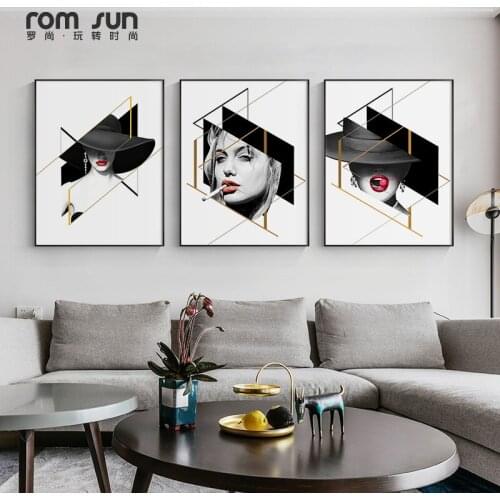 Black and White Style Cool Girls Poster and Painting Sexy Red Lips and Yellow Balloon Wall Pictures for Living Room Modern Deco