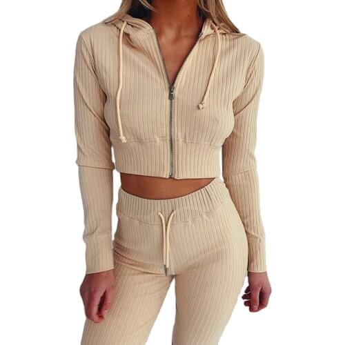 Casual Two Piece Set Women Outfits Set Long Sleeve Hooded Short Crop Top Long Skinny Pants Leggings 2 Piece Set Women Tracksuit