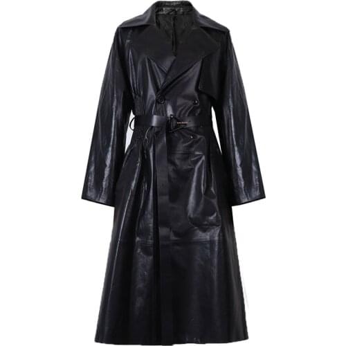 YOLOAgain High Quality Women Long Geninue Leather Trench Coat With Belt