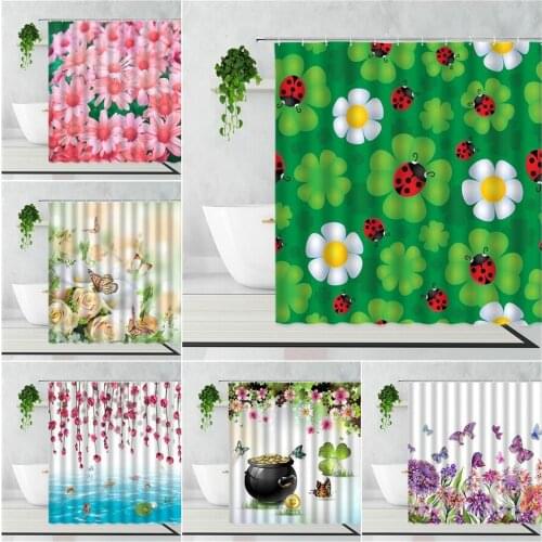 Butterfly Flowers Shower Curtain Insect Plants Green Red Purple Flower Home Decor Background Waterproof Bath Curtains With Hooks