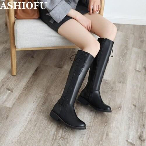 ASHIOFU Handmade Wholesale Womens Boots Sexy Party Prom Shoelace Knee High Boots Black Faux-leather Evening Club Fashion Boots
