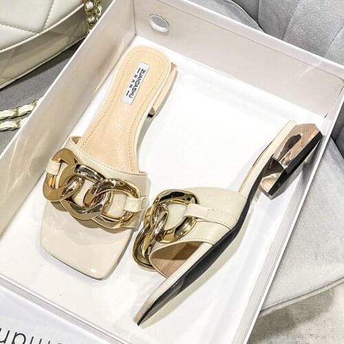 Women Slippers 2021 Summer Brand Sandals Fashion Square Toe Low Heels Casual Shoes for Women Metal Decoration Beach Slides Shoe