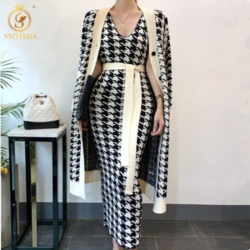 Women Houndstooth Cardigan Sweater 2021 New Autumn And Winter Sexy V-Neck Lace Up Long Vest Dress 2 Pcs Tracksuits Sweater Set