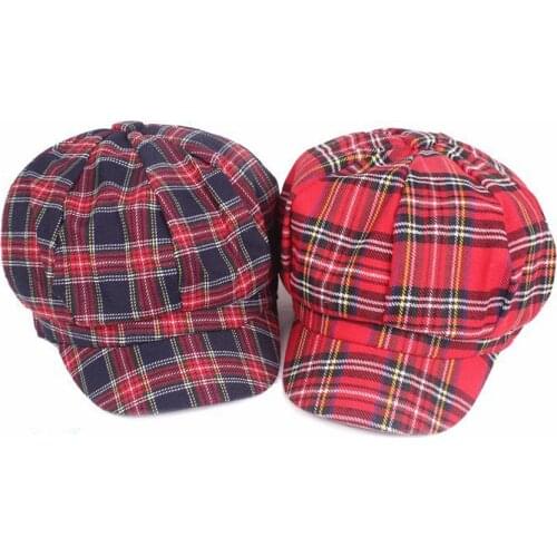 2020 Women Plaid Beret Hat British Style Red and Black Square Retro Newsboy Caps Military Octagonal Cap Female Visor Caps