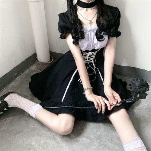 Zoki Lolita Women Japan Mini Dress Fashion Puff Sleeve Bandage A Line Black Gothic Summer Cute Sweet Girls Cotton Vestidos