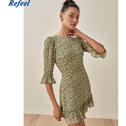 New Casual Summer Dress Women French Vintage Floral O neck Short Sleeve Mini Dress Woman Elegant Ruffle Dress