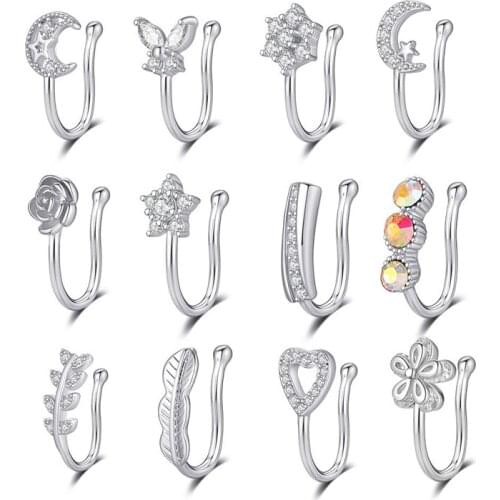1 Pcs Fashion Nose Ring Charm Flower Heart Pentagram Crystal Metal Fake Nose Ring Clip On Nose Ring Earrings Simple No-Piercing