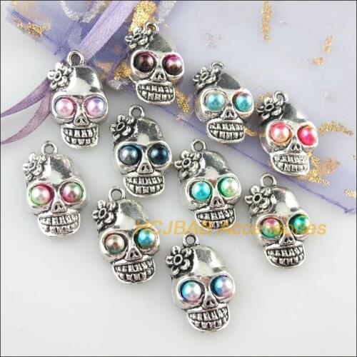 10 New Skulls Charms Mixed Acrylic Halloween Pendants Tibetan Silver Tone 13x22mm