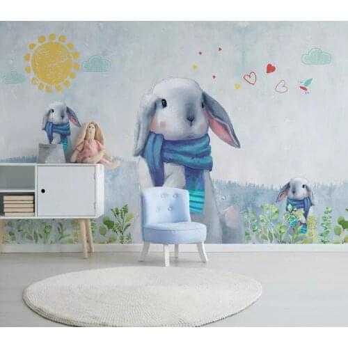 Custom mural Nordic modern contracted hand painted lovely rabbit children room background wall