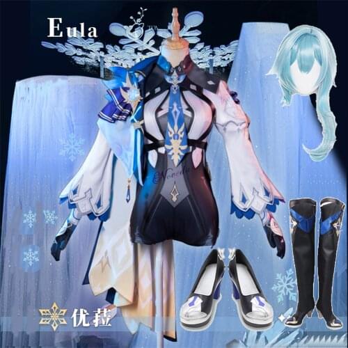 Genshin Impact Eula Game Suit Uniform Cosplay Costume Shoes Anime Wig Halloween Party Costume For Women