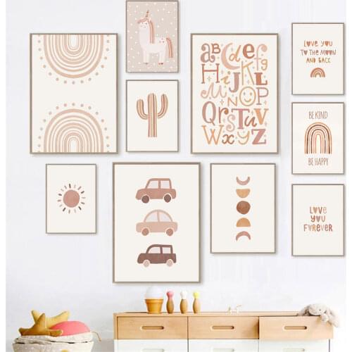 Abstract Boho Poster Sun Rainbow Canvas Print ABC Alphabet Art Painting Unicorn Cactus Nursery Wall Art Pictures Baby Room Decor