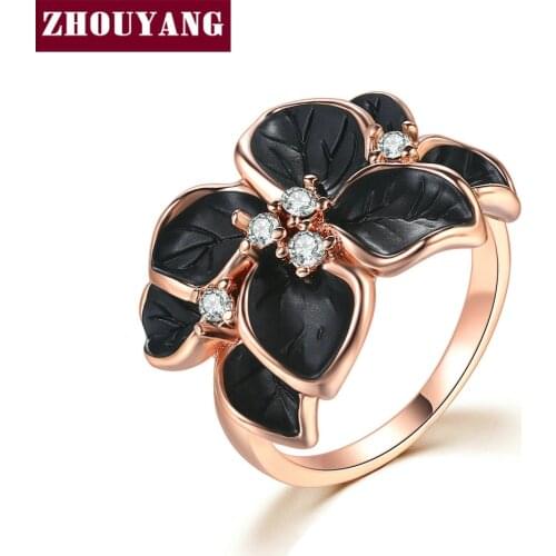 ZHOUYANG Rings For Women Vintage Style Black Oil Flower Leaf Cubic Zirconia RoseGold Silver Color Gift Fashion Jewelry R678 R679