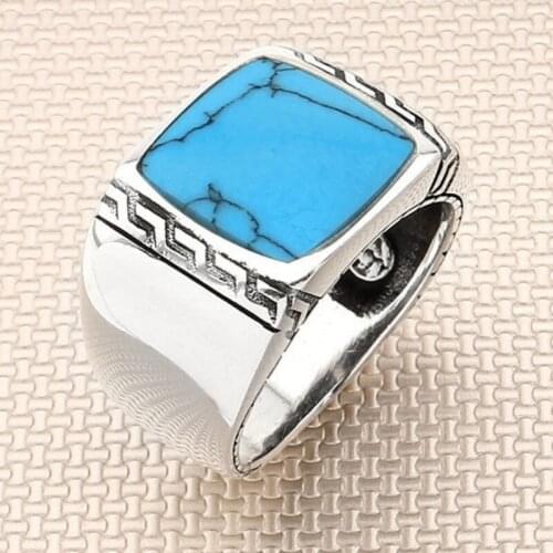 SILVERFONI Real 925 Sterling Silver Ring For Men Stylish Jewelry Fashion Turquoise Stone Male Gift Accessories All Size 2021