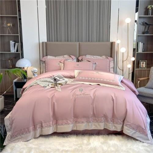 Luxury 1000TC Egyptian Cotton Bedding Set light Pink Bed Linens Flat Sheet Set Bedspread Queen/King Size Bed Cover 4pcs