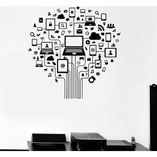 Computer Tree Wall Decal Internet Social Networks Vinyl Window Sticker Technology Office Computer Classroom Interior Decor 1413