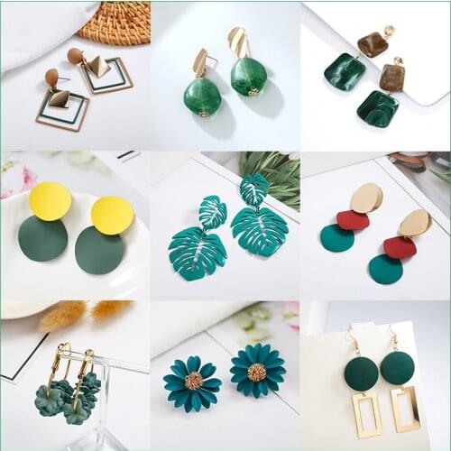 2020 Korean Geometric Pendant Earrings Multiple Drop Earrings Unique Design Flowers Resin Acrylic Green Color Dangle Earring