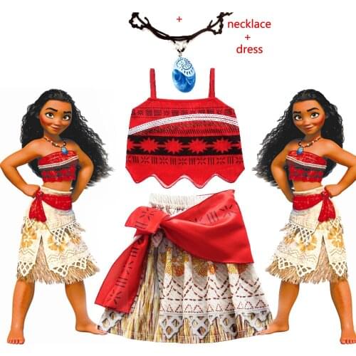 2021 Girls Moana Cosplay Costume for Kids Vaiana Princess Dress with Necklace Halloween Costumes Baby Children Party Clothes