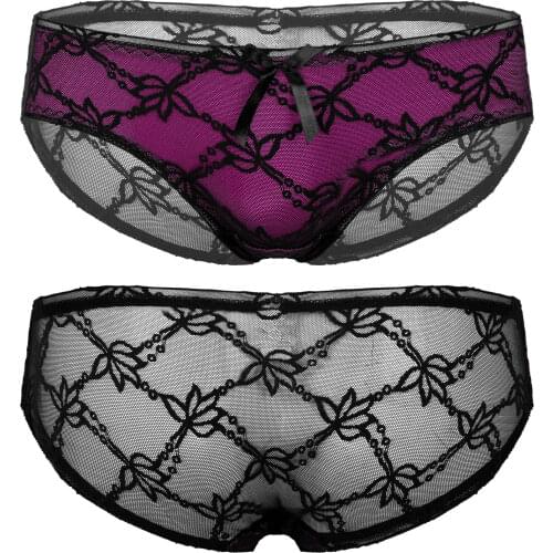 Men See-through Floral Lace Briefs Sexy Panties Low Rise Patchwork Underwear Bowknot Elastic Waistband Sissy Panties Underpants