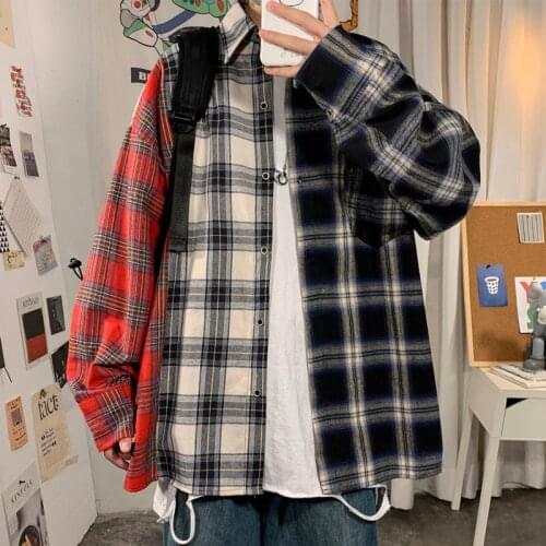 Autumn Cotton Plaid Shirt Mens Fashion Hit Color Retro Casual Shirts Mens Streetwear Loose Korean Long-sleeved Shirt Men M-5XL