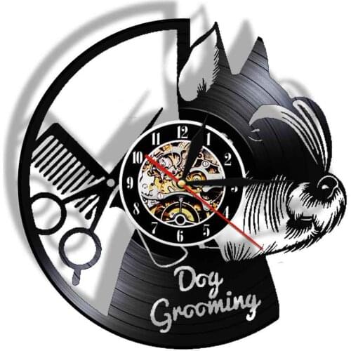 Pet Grooming Dog Shop Light Signs Salon Vinyl Record Wall Clock With LED Backlight Pet Clinic Decor Night Light Lamp