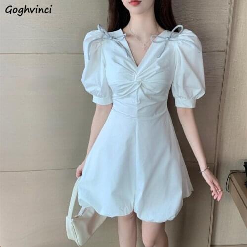 Short Sleeve Dress Women Elegant Korean Style Fashion Streetwear Retro Pleated V-neck Solid Simple Lovely Ulzzang Students Chic